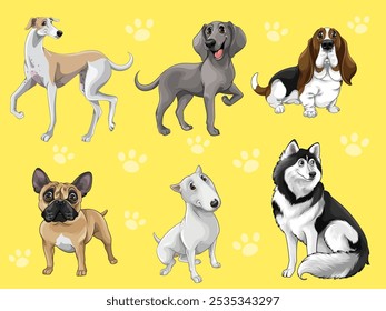 Diversos perros de dibujos animados, incluyen bull terrier, husky siberiano, bulldog francés, basset hound, Weimaraner, galgo