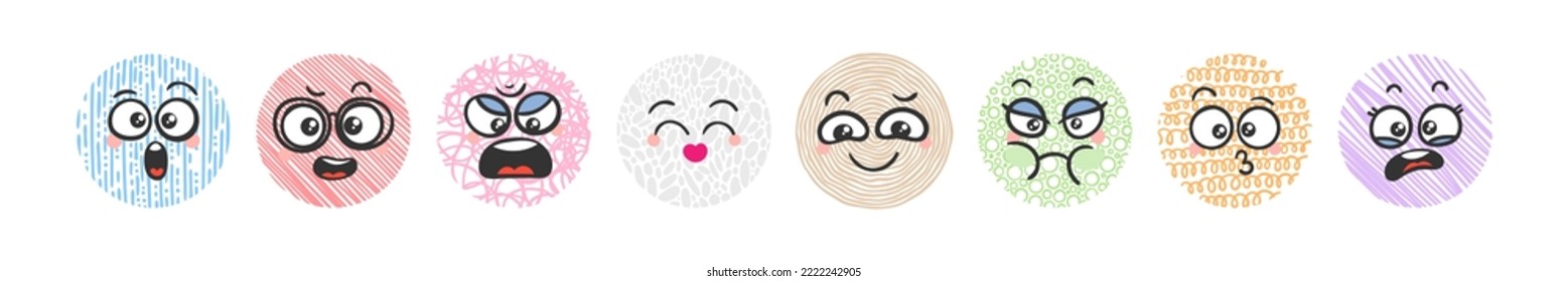 Various Cartoon Emoticons on Doodle Backgrounds. Doodle faces, eyes and mouth. Caricature comic expressive emotions, smiling, crying and surprised character face expressions. Vector illustration icons