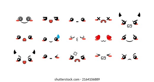 Various Cartoon Emoticons Set. Doodle faces, eyes and mouth. Caricature comic expressive emotions, smiling, crying and surprised character face expressions. Isolated vector illustration icons set