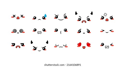 Various Cartoon Emoticons Set. Doodle faces, eyes and mouth. Caricature comic expressive emotions, smiling, crying and surprised character face expressions. Isolated vector illustration icons set