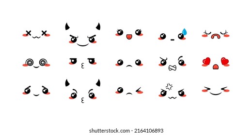 Various Cartoon Emoticons Set. Doodle faces, eyes and mouth. Caricature comic expressive emotions, smiling, crying and surprised character face expressions. Isolated vector illustration icons set