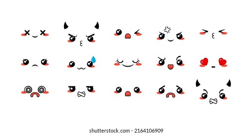 Various Cartoon Emoticons Set. Doodle faces, eyes and mouth. Caricature comic expressive emotions, smiling, crying and surprised character face expressions. Isolated vector illustration icons set