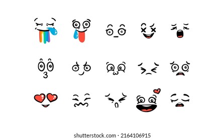 Various Cartoon Emoticons Set. Doodle faces, eyes and mouth. Caricature comic expressive emotions, smiling, crying and surprised character face expressions. Isolated vector illustration icons set