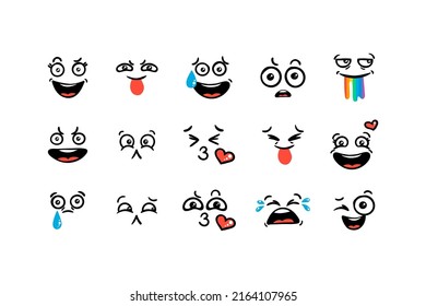 Various Cartoon Emoticons Set. Doodle faces, eyes and mouth. Caricature comic expressive emotions, smiling, crying and surprised character face expressions. Isolated vector illustration icons set