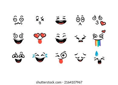 Various Cartoon Emoticons Set. Doodle faces, eyes and mouth. Caricature comic expressive emotions, smiling, crying and surprised character face expressions. Isolated vector illustration icons set