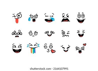Various Cartoon Emoticons Set. Doodle faces, eyes and mouth. Caricature comic expressive emotions, smiling, crying and surprised character face expressions. Isolated vector illustration icons set