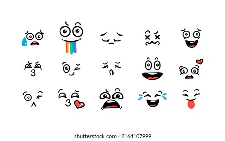 Various Cartoon Emoticons Set. Doodle faces, eyes and mouth. Caricature comic expressive emotions, smiling, crying and surprised character face expressions. Isolated vector illustration icons set