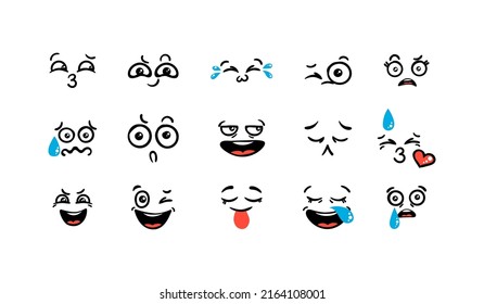 Various Cartoon Emoticons Set. Doodle faces, eyes and mouth. Caricature comic expressive emotions, smiling, crying and surprised character face expressions. Isolated vector illustration icons set