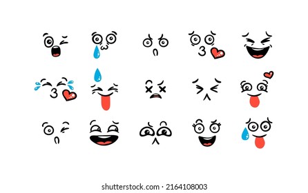 Various Cartoon Emoticons Set. Doodle faces, eyes and mouth. Caricature comic expressive emotions, smiling, crying and surprised character face expressions. Isolated vector illustration icons set