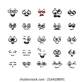 Various Cartoon Emoticons Set. Doodle faces, eyes and mouth. Caricature comic expressive emotions, smiling, crying and surprised character face expressions. Isolated vector illustration icons set