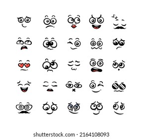 Various Cartoon Emoticons Set. Doodle faces, eyes and mouth. Caricature comic expressive emotions, smiling, crying and surprised character face expressions. Isolated vector illustration icons set