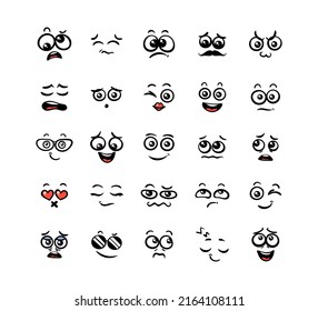 Various Cartoon Emoticons Set. Doodle faces, eyes and mouth. Caricature comic expressive emotions, smiling, crying and surprised character face expressions. Isolated vector illustration icons set