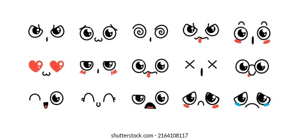 Various Cartoon Emoticons Set. Doodle faces, eyes and mouth. Caricature comic expressive emotions, smiling, crying and surprised character face expressions. Isolated vector illustration icons set