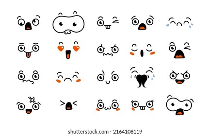 Various Cartoon Emoticons Set. Doodle faces, eyes and mouth. Caricature comic expressive emotions, smiling, crying and surprised character face expressions. Isolated vector illustration icons set