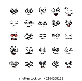 Various Cartoon Emoticons Set. Doodle faces, eyes and mouth. Caricature comic expressive emotions, smiling, crying and surprised character face expressions. Isolated vector illustration icons set