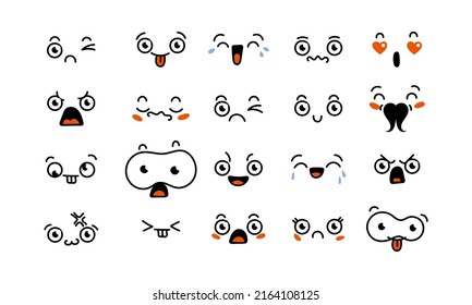 Various Cartoon Emoticons Set. Doodle faces, eyes and mouth. Caricature comic expressive emotions, smiling, crying and surprised character face expressions. Isolated vector illustration icons set