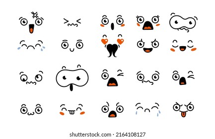 Various Cartoon Emoticons Set. Doodle faces, eyes and mouth. Caricature comic expressive emotions, smiling, crying and surprised character face expressions. Isolated vector illustration icons set