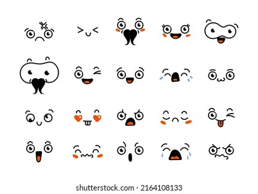 Various Cartoon Emoticons Set. Doodle faces, eyes and mouth. Caricature comic expressive emotions, smiling, crying and surprised character face expressions. Isolated vector illustration icons set