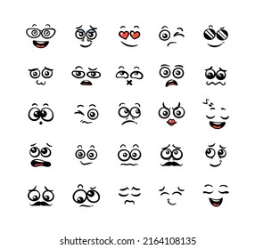 Various Cartoon Emoticons Set. Doodle faces, eyes and mouth. Caricature comic expressive emotions, smiling, crying and surprised character face expressions. Isolated vector illustration icons set