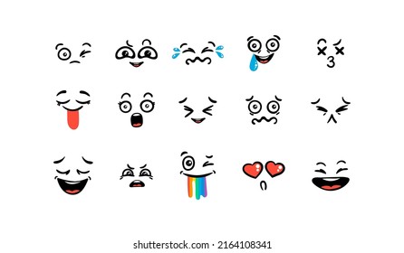 Various Cartoon Emoticons Set. Doodle faces, eyes and mouth. Caricature comic expressive emotions, smiling, crying and surprised character face expressions. Isolated vector illustration icons set