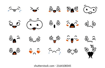 Various Cartoon Emoticons Set. Doodle faces, eyes and mouth. Caricature comic expressive emotions, smiling, crying and surprised character face expressions. Isolated vector illustration icons set