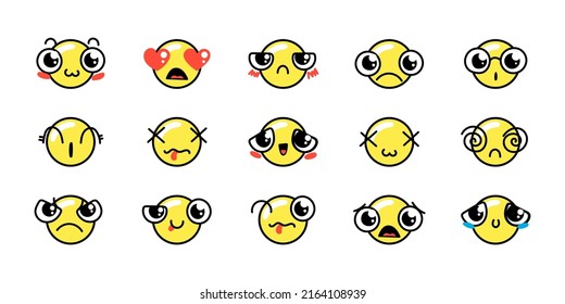 Various Cartoon Emoticons Set. Doodle faces, eyes and mouth in yellow circle. Caricature comic expressive emotions, smiling, crying and surprised character face expressions. Vector illustration icons 