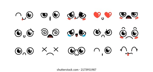 Various Cartoon Emoticons Set. Doodle faces, eyes and mouth. Caricature comic expressive emotions, smiling, crying and surprised character face expressions. Isolated vector illustration icons set