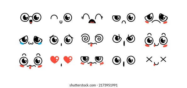 Various Cartoon Emoticons Set. Doodle faces, eyes and mouth. Caricature comic expressive emotions, smiling, crying and surprised character face expressions. Isolated vector illustration icons set