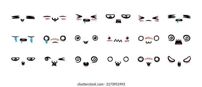 Various Cartoon Emoticons Set. Doodle faces, eyes and mouth. Caricature comic expressive emotions, smiling, crying and surprised character face expressions. Isolated vector illustration icons set