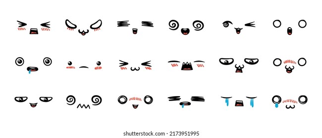 Various Cartoon Emoticons Set. Doodle faces, eyes and mouth. Caricature comic expressive emotions, smiling, crying and surprised character face expressions. Isolated vector illustration icons set