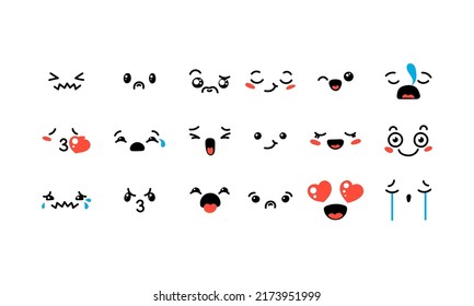 Various Cartoon Emoticons Set. Doodle faces, eyes and mouth. Caricature comic expressive emotions, smiling, crying and surprised character face expressions. Isolated vector illustration icons set