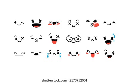 kawaii cute face expressions eyes and mouth icons set vector