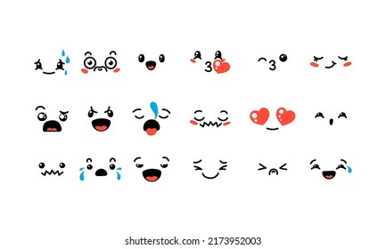 Various Cartoon Emoticons Set. Doodle faces, eyes and mouth. Caricature comic expressive emotions, smiling, crying and surprised character face expressions. Isolated vector illustration icons set