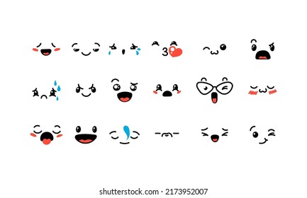 Various Cartoon Emoticons Set. Doodle faces, eyes and mouth. Caricature comic expressive emotions, smiling, crying and surprised character face expressions. Isolated vector illustration icons set