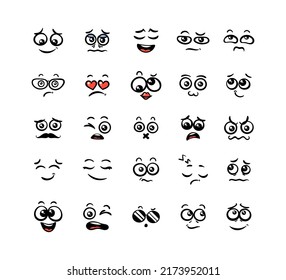 Various Cartoon Emoticons Set. Doodle faces, eyes and mouth. Caricature comic expressive emotions, smiling, crying and surprised character face expressions. Isolated vector illustration icons set