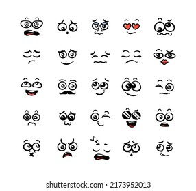 Various Cartoon Emoticons Set. Doodle faces, eyes and mouth. Caricature comic expressive emotions, smiling, crying and surprised character face expressions. Isolated vector illustration icons set
