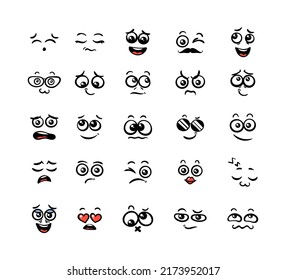 Various Cartoon Emoticons Set. Doodle faces, eyes and mouth. Caricature comic expressive emotions, smiling, crying and surprised character face expressions. Isolated vector illustration icons set