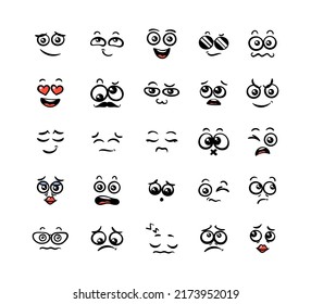 Various Cartoon Emoticons Set. Doodle faces, eyes and mouth. Caricature comic expressive emotions, smiling, crying and surprised character face expressions. Isolated vector illustration icons set