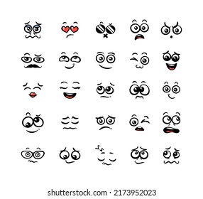 Various Cartoon Emoticons Set. Doodle faces, eyes and mouth. Caricature comic expressive emotions, smiling, crying and surprised character face expressions. Isolated vector illustration icons set
