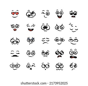 Various Cartoon Emoticons Set. Doodle faces, eyes and mouth. Caricature comic expressive emotions, smiling, crying and surprised character face expressions. Isolated vector illustration icons set