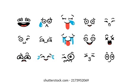 Various Cartoon Emoticons Set. Doodle faces, eyes and mouth. Caricature comic expressive emotions, smiling, crying and surprised character face expressions. Isolated vector illustration icons set