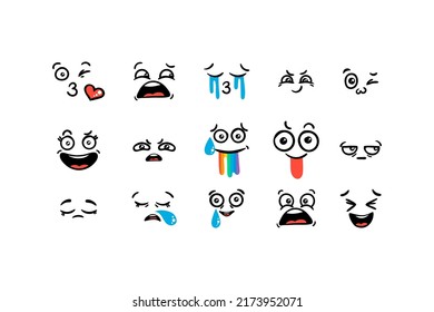 Various Cartoon Emoticons Set. Doodle faces, eyes and mouth. Caricature comic expressive emotions, smiling, crying and surprised character face expressions. Isolated vector illustration icons set