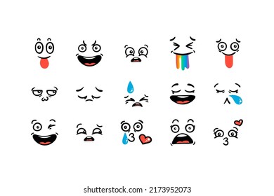 Various Cartoon Emoticons Set. Doodle faces, eyes and mouth. Caricature comic expressive emotions, smiling, crying and surprised character face expressions. Isolated vector illustration icons set