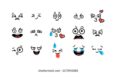 Various Cartoon Emoticons Set. Doodle faces, eyes and mouth. Caricature comic expressive emotions, smiling, crying and surprised character face expressions. Isolated vector illustration icons set