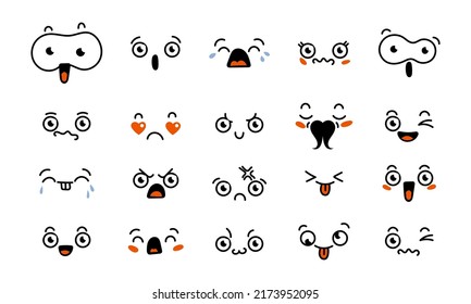 Various Cartoon Emoticons Set. Doodle faces, eyes and mouth. Caricature comic expressive emotions, smiling, crying and surprised character face expressions. Isolated vector illustration icons set