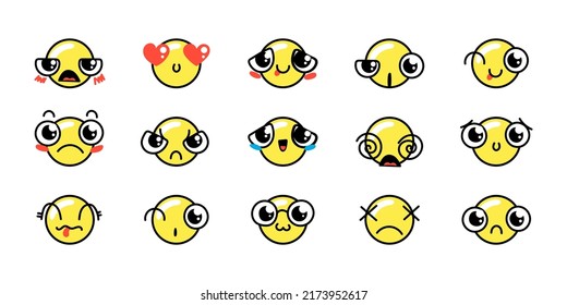 Various Cartoon Emoticons Set. Doodle faces, eyes and mouth in yellow circle. Caricature comic expressive emotions, smiling, crying and surprised character face expressions. Isolated vector