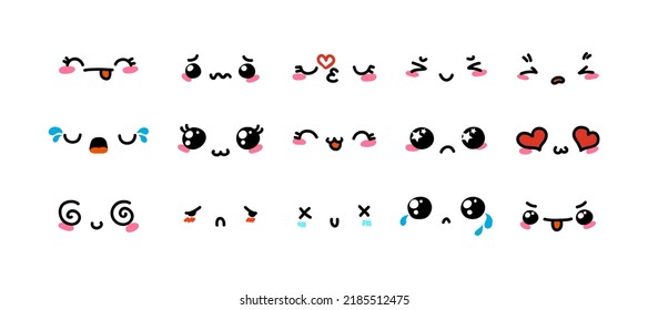 Various Cartoon Emoticons Set. Doodle faces, eyes and mouth. Caricature comic expressive emotions, smiling, crying and surprised character face expressions. Isolated vector illustration icons set