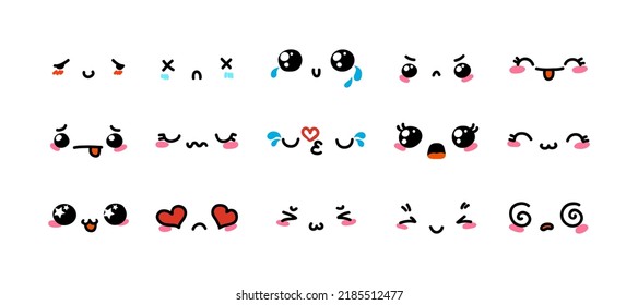 Various Cartoon Emoticons Set. Doodle faces, eyes and mouth. Caricature comic expressive emotions, smiling, crying and surprised character face expressions. Isolated vector illustration icons set
