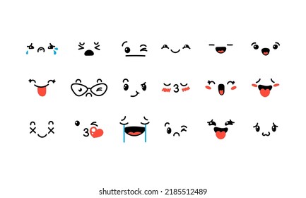 Various Cartoon Emoticons Set. Doodle faces, eyes and mouth. Caricature comic expressive emotions, smiling, crying and surprised character face expressions. Isolated vector illustration icons set