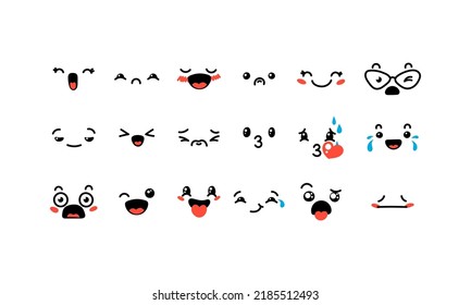 Various Cartoon Emoticons Set. Doodle faces, eyes and mouth. Caricature comic expressive emotions, smiling, crying and surprised character face expressions. Isolated vector illustration icons set
